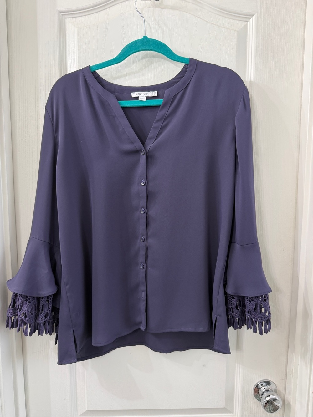 Chico's Plum Button-Front Blouse with Crochet Bell Sleeves